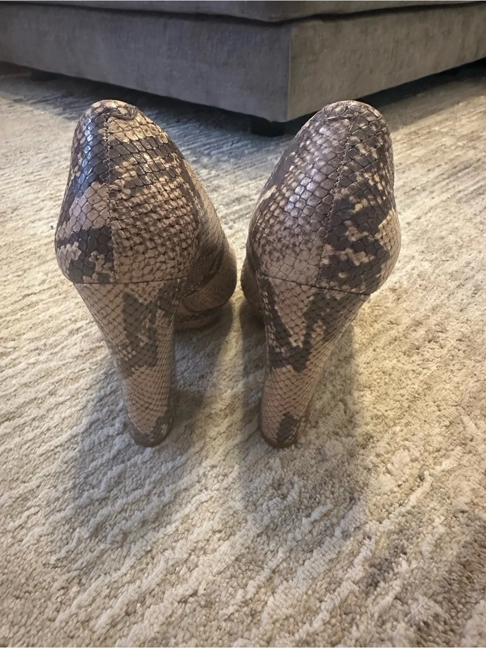 BCBGMaxAzria Taupe Snake-Print Peep-Toe Heels